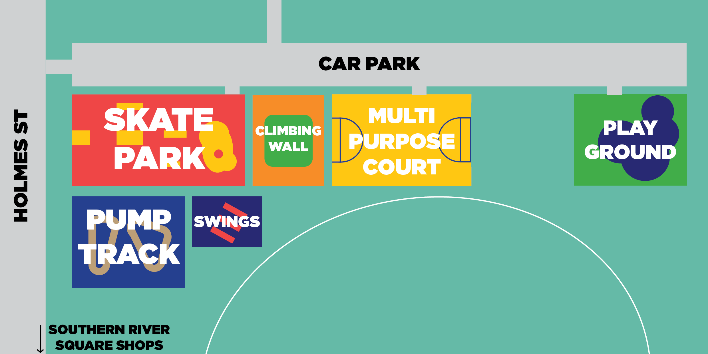A map of the Youth Plaza area, with the pump track, skate park, climbing wall, multi-purpose court and play ground